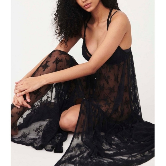Free People In The Breeze Maxi Slip Floral Lace Button Front Tiered Black Sm NWT - Picture 6 of 14
